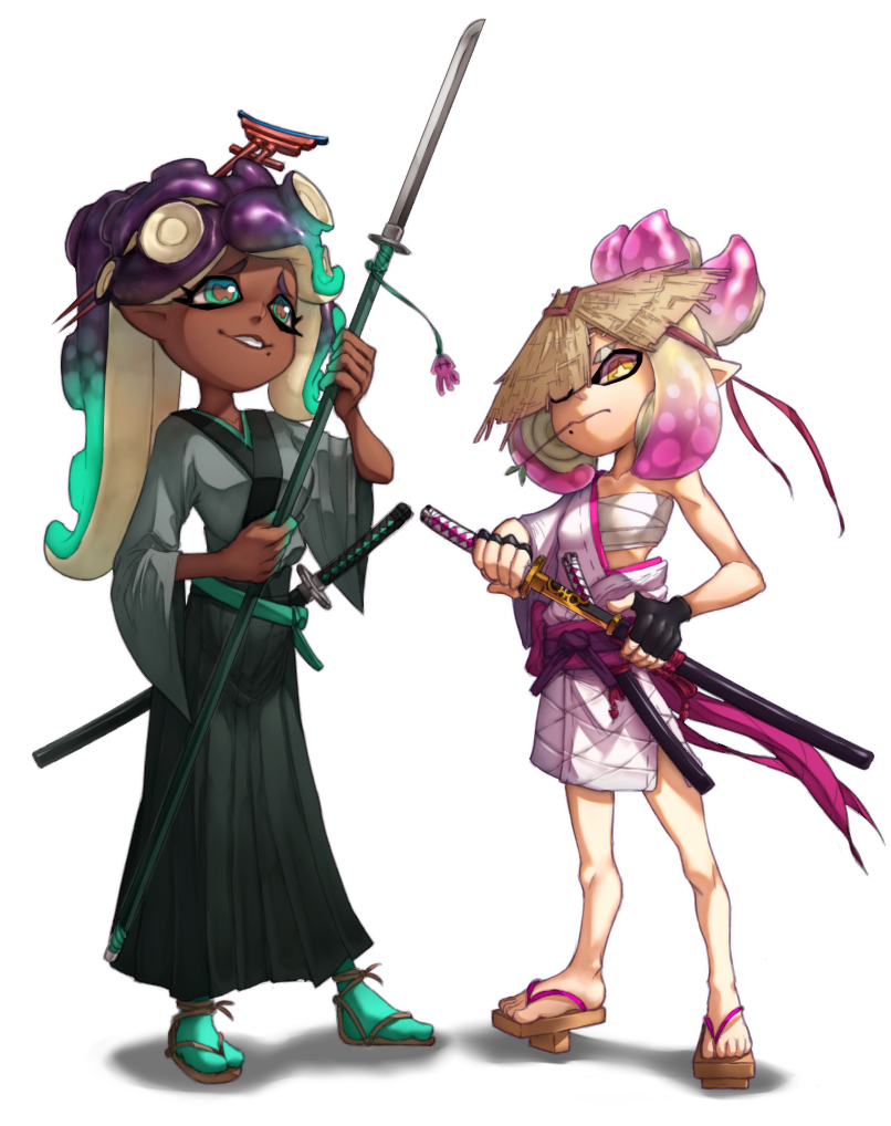 2girls dark_skin estyy flat_chest full_body green_hair green_pupils hairpin hime_(splatoon) iida_(splatoon) inkling katana kodachi large_breasts mole mole_under_mouth multicolored_hair naginata octarian pink_hair purple_hair samurai smile solo splatoon splatoon_2 symbol-shaped_pupils tentacle_hair white_hair