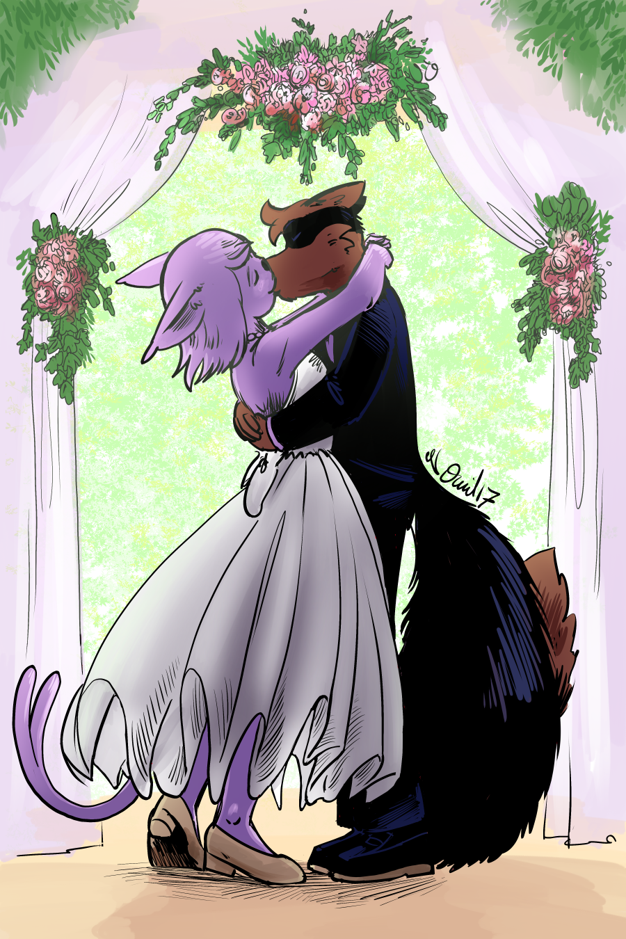 2017 andrew_reynart anthro bride brown_fur canine clothed clothing cute dark_fur day detailed_background digital_media_(artwork) dress duo eeveelution espeon eyes_closed female flower fox fur groom hair kissing latchkey_kingdom male male/female mammal nintendo p5ych pink_fur plant pok&eacute;mon sereina smile standing suit video_games wedding wedding_dress