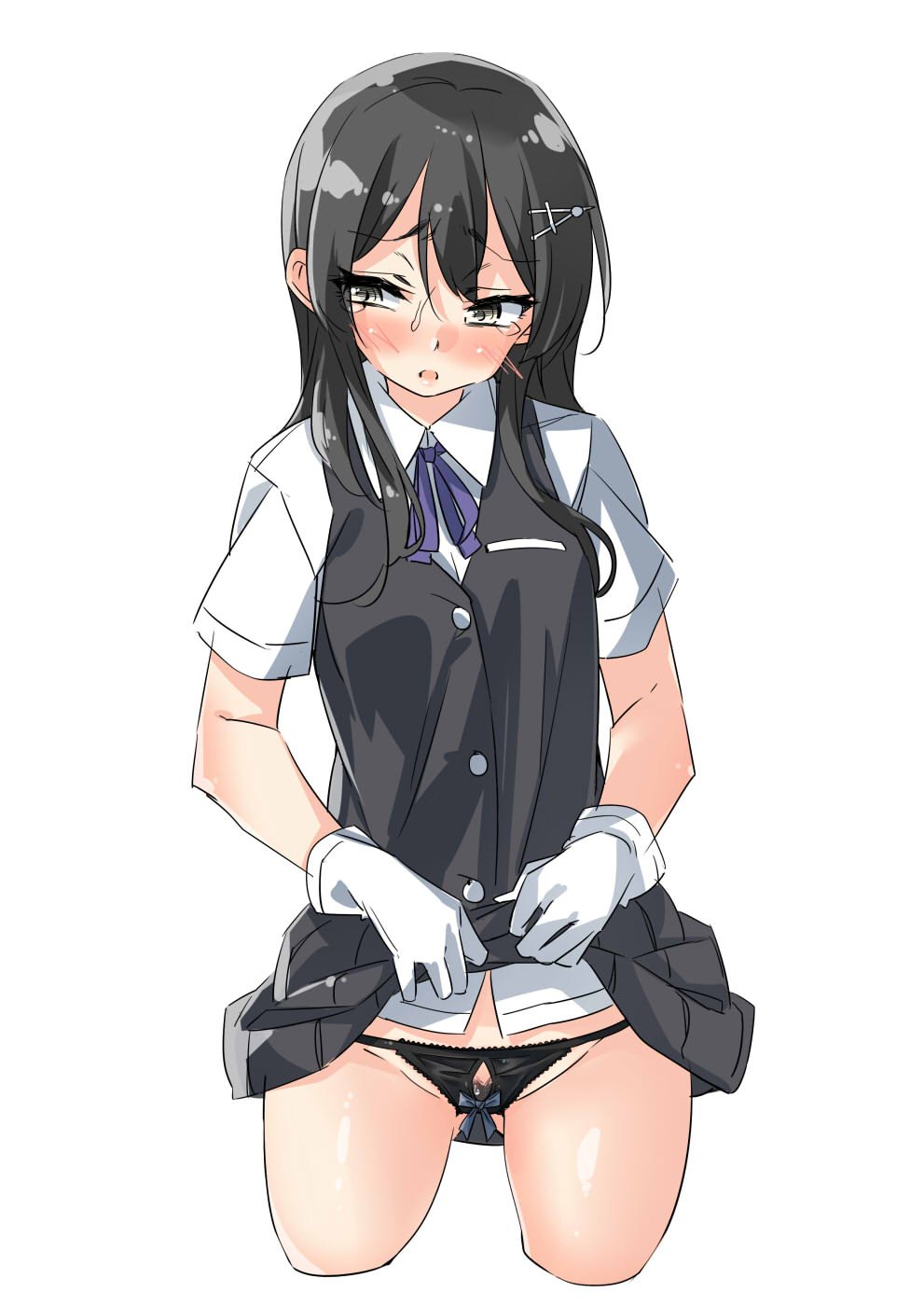 ass_visible_through_thighs bangs black_bow black_hair black_panties black_skirt black_vest blush bow bow_panties breast_pocket buttons collared_shirt cowboy_shot cropped_legs crotchless_panties ebifurya eyebrows_visible_through_hair gloves groin hair_between_eyes hair_ornament hairclip highres kantai_collection lifted_by_self long_hair looking_away looking_to_the_side neck_ribbon open_mouth oyashio_(kantai_collection) panties pleated_skirt pocket pubic_hair purple_ribbon ribbon shirt short_sleeves sidelocks simple_background skirt skirt_lift sleeveless solo tears underwear vest white_background white_gloves white_shirt yellow_eyes