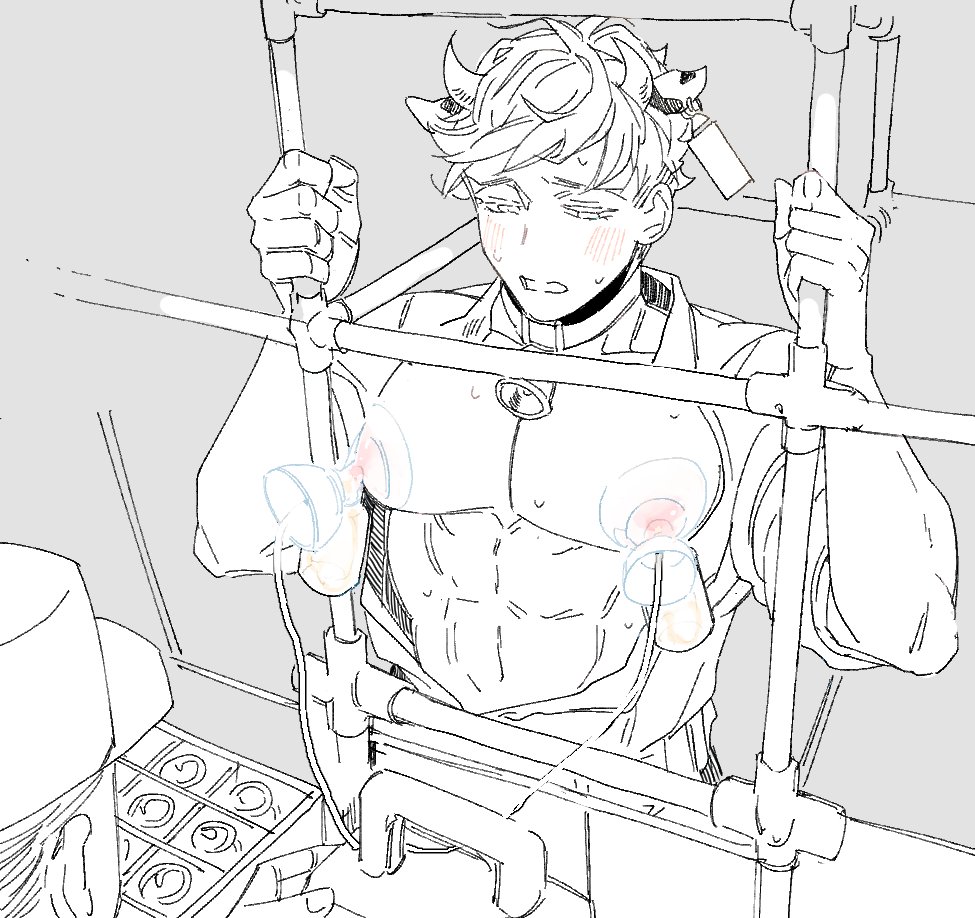 abs bell bell_collar biceps blush collar cow_boy downcast_eyes granblue_fantasy holding horns lactation male_focus male_lactation milking_machine muscle nipples pectorals protected_link rollermet simple_background solo_focus spot_color sweat tag upper_body vane_(granblue_fantasy)