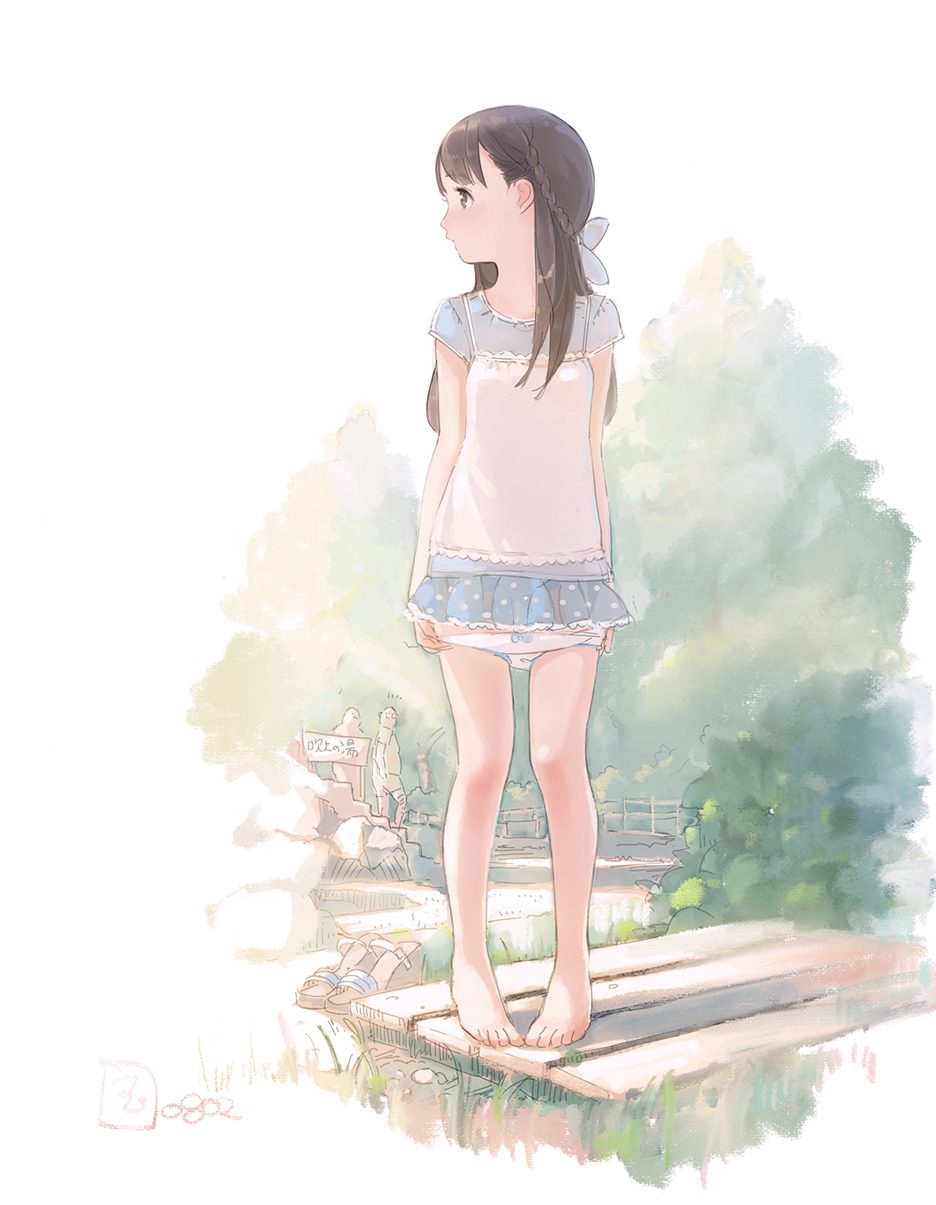 2boys bangs barefoot blue_shirt blue_skirt blush bow bow_panties braid brown_eyes brown_hair camisole camisole_over_clothes closed_mouth dated day eyebrows_visible_through_hair full_body highres kokudou_juunigou long_hair looking_to_the_side miniskirt multiple_boys original outdoors panties panty_pull polka_dot_skirt profile shirt short_sleeves skirt solo_focus standing underwear white_panties