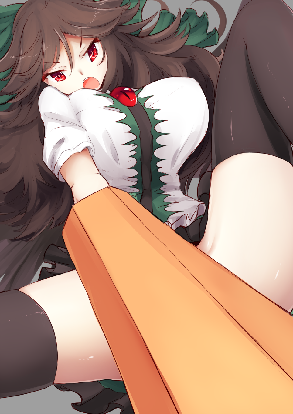 arm_cannon black_wings blouse bow breasts brown_hair commentary covering covering_crotch cowboy_shot d: eyebrows_visible_through_hair foreshortening frilled_bow frilled_skirt frills hair_between_eyes hair_bow highres huge_breasts knee_up long_hair looking_at_viewer open_mouth red_eyes red_hair reiuji_utsuho short_sleeves skindentation skirt slit_pupils solo spread_legs thighhighs third_eye touhou tsurime uchisukui v-shaped_eyebrows weapon wings