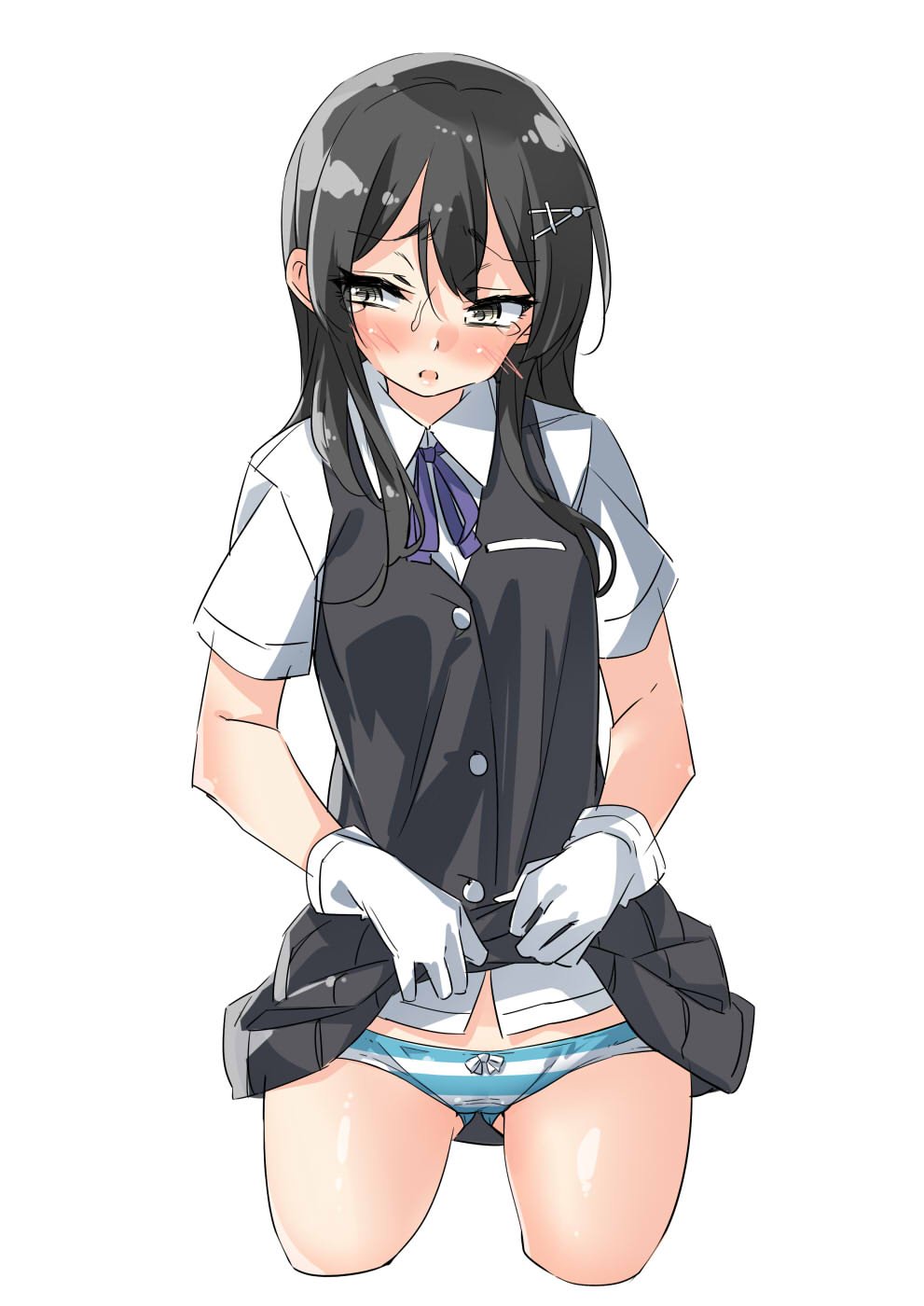 ass_visible_through_thighs bangs black_hair black_skirt black_vest blush bow bow_panties breast_pocket buttons collared_shirt cowboy_shot cropped_legs ebifurya eyebrows_visible_through_hair gloves hair_between_eyes hair_ornament hairclip highres kantai_collection lifted_by_self long_hair looking_away looking_to_the_side neck_ribbon open_mouth oyashio_(kantai_collection) panties pleated_skirt pocket purple_ribbon ribbon shirt short_sleeves sidelocks simple_background skirt skirt_lift sleeveless solo striped striped_panties tears underwear vest white_background white_bow white_gloves white_shirt yellow_eyes