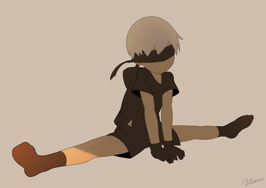 artist_name blindfold full_body gloves male_focus nier_(series) nier_automata no_shoes noeyebrow_(mauve) shorts simple_background socks solo split stretch yorha_no._9_type_s