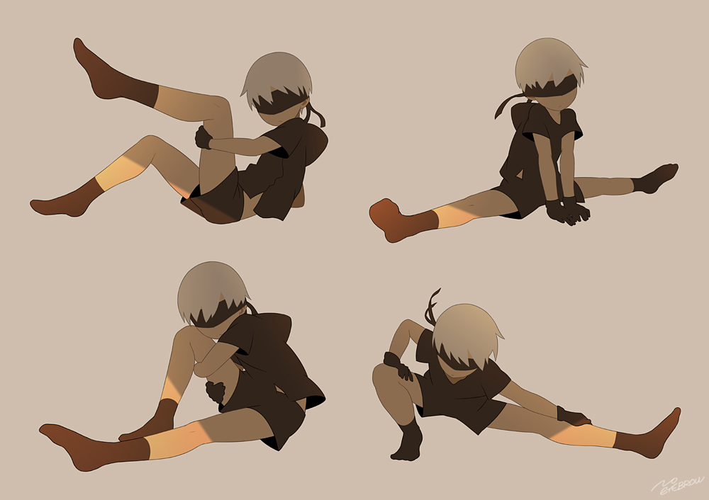 artist_name blindfold gloves male_focus multiple_views nier_(series) nier_automata no_shoes noeyebrow_(mauve) shorts simple_background socks split spread_legs stretch yorha_no._9_type_s
