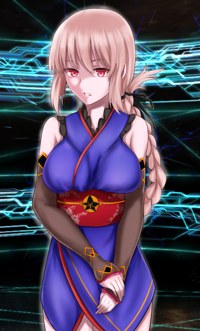 braid breasts brown_hair cosplay eyebrows_visible_through_hair fate/grand_order fate_(series) florence_nightingale_(fate/grand_order) large_breasts long_hair looking_at_viewer miyamoto_musashi_(fate/grand_order) miyamoto_musashi_(fate/grand_order)_(cosplay) nagishy parted_lips red_eyes solo
