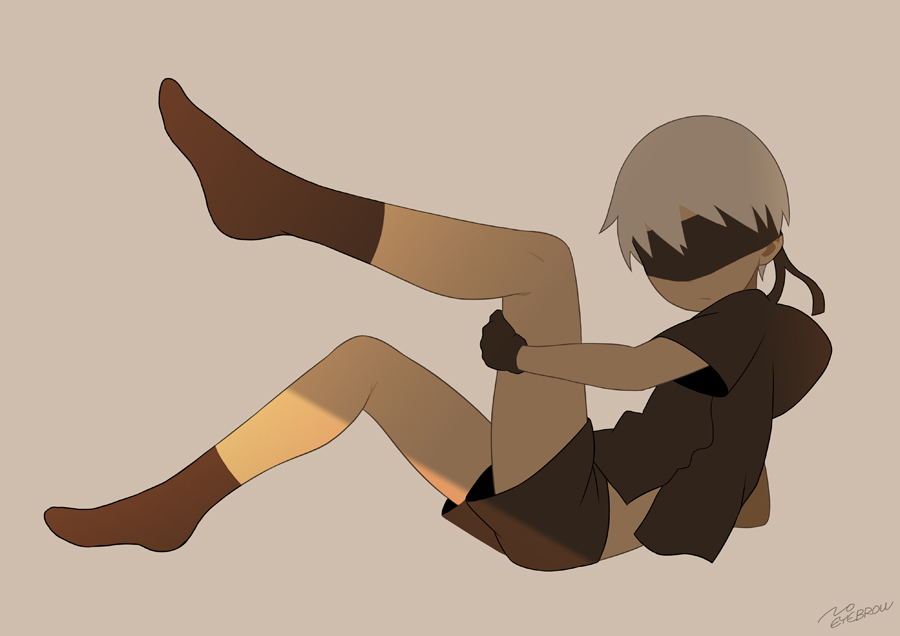 artist_name blindfold full_body gloves male_focus nier_(series) nier_automata no_shoes noeyebrow_(mauve) shorts simple_background socks solo stretch yorha_no._9_type_s