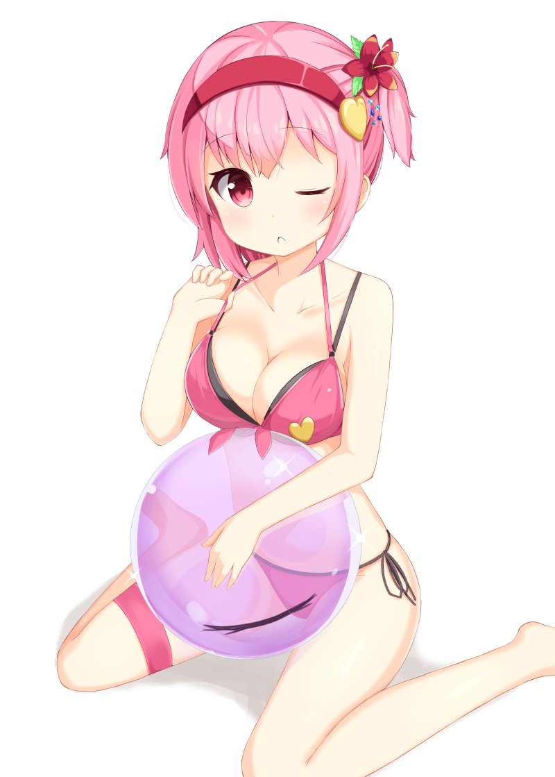 ;o alternate_costume alternate_hairstyle ball bangs barefoot beachball bikini blush breasts cleavage collarbone commentary eyebrows_visible_through_hair flower front-tie_bikini front-tie_top hair_flower hair_ornament hairband halter_top halterneck heart komeiji_satori looking_at_viewer medium_breasts ominaeshi_(takenoko) one_eye_closed pink_bikini pink_eyes pink_hair side-tie_bikini side_ponytail simple_background sitting solo strap_pull swimsuit thigh_strap touhou transparent wariza white_background