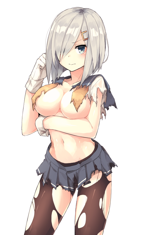 black_legwear blue_skirt blush breasts cleavage closed_mouth collarbone eyebrows_visible_through_hair grey_eyes guwatefu hair_over_one_eye hamakaze_(kantai_collection) kantai_collection large_breasts looking_at_viewer navel pantyhose silver_hair skirt solo torn_clothes torn_legwear torn_skirt