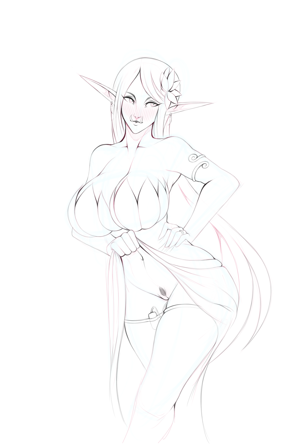 2017 armlet big_breasts breasts cleavage clothed clothing clothing_lift dress dress_lift ear_piercing elf female flower flower_in_hair hair huge_breasts humanoid hybrid legwear long_ears long_hair monochrome navel not_furry orc piercing plant pointy_ears pubes pussy ring sex_toy siv_(urw) sketch solo stockings thigh_highs tusks urw vibrator
