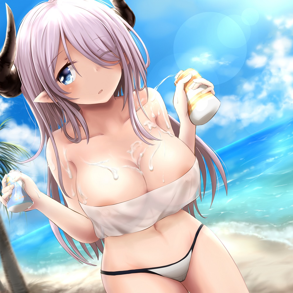 1girl areola_slip areolae ashfair beach bikini blue_eyes breasts cleavage collarbone cow_girl cow_horns doraf female granblue_fantasy hair_over_one_eye horns large_breasts long_hair lotion narumeia_(granblue_fantasy) nature navel nipples ocean outdoors pointy_ears purple_hair see-through sexually_suggestive solo standing summer swimsuit wince