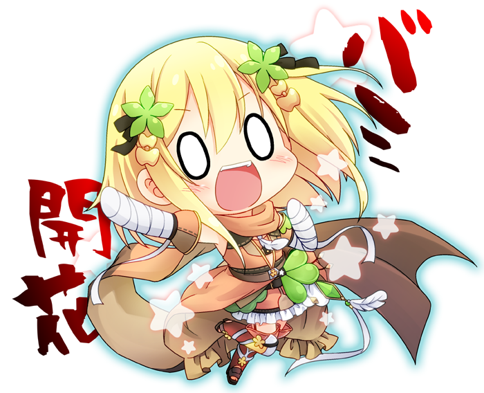 1girl :d bandaged_arm bandages blonde_hair blush chibi commentary_request flower_knight_girl hair_ornament kadose_ara katabami_(flower_knight_girl) open_mouth scarf short_hair simple_background smile solo standing standing_on_one_leg star v-shaped_eyebrows white_background