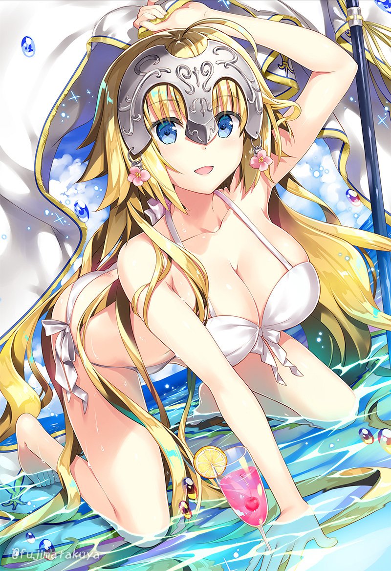 arm_up bangs bare_legs bare_shoulders barefoot bikini blonde_hair blue_eyes breasts chain cherry cleavage cloud collarbone commentary_request cup day drinking_glass eyebrows_visible_through_hair fate/apocrypha fate_(series) food fruit fujima_takuya headpiece jeanne_d'arc_(fate) jeanne_d'arc_(fate)_(all) large_breasts long_hair looking_at_viewer ocean open_mouth outdoors side-tie_bikini sky smile solo sparkle swimsuit very_long_hair water white_bikini