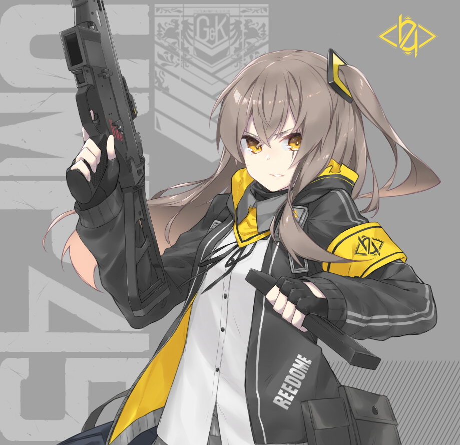 bandana bangs black_gloves commentary crossed_bangs dress_shirt fhang finger_on_trigger fingerless_gloves floating_hair girls_frontline gloves grey_hair gun h&amp;k_ump heckler_&amp;_koch holding holding_gun holding_magazine_(weapon) holding_weapon jacket long_hair looking_at_viewer magazine_(weapon) one_side_up open_clothes open_jacket parted_lips reloading scar scar_across_eye shirt sidelocks solo submachine_gun ump45_(girls_frontline) upper_body weapon yellow_eyes