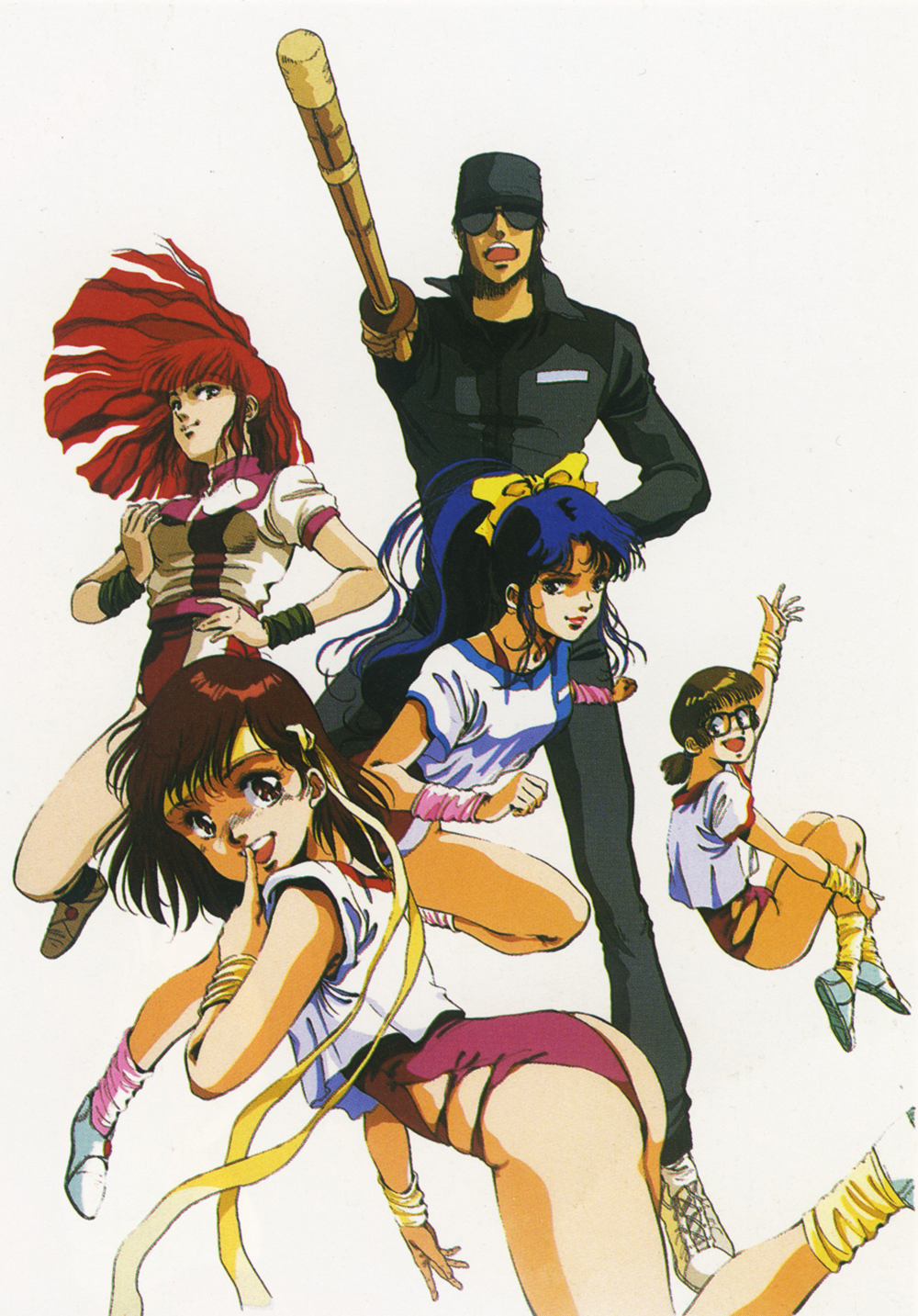 4girls 80s amano_kazumi arm_up blue_hair brown_eyes brown_hair finger_to_mouth floating_hair headband highres higuchi_kimiko holding holding_weapon jung_freud leotard lipstick long_sleeves looking_at_viewer makeup md5_mismatch mikimoto_haruhiko multiple_girls official_art oldschool open_mouth ponytail purple_leotard red_hair red_leotard scan shinai shoes short_sleeves simple_background sneakers sword takaya_noriko tank_top top_wo_nerae! waving weapon white_background