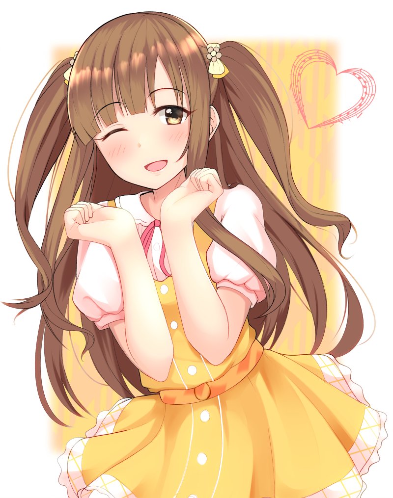 bangs beamed_eighth_notes border bow brown_eyes commentary_request dress eighth_note h3po4_chiba hair_bow hands_up heart idolmaster idolmaster_cinderella_girls light_brown_hair long_hair mizumoto_yukari musical_note one_eye_closed open_mouth puffy_short_sleeves puffy_sleeves quarter_note ribbon short_sleeves smile solo staff_(music) twintails white_border yellow_background yellow_bow yellow_dress