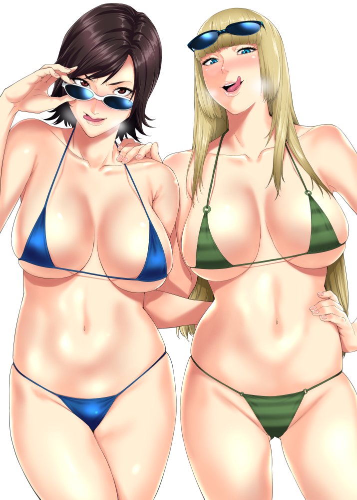 :q adjusting_eyewear bangs bikini black_hair blonde_hair blue_bikini blue_eyes blunt_bangs blush breasts brown_eyes collarbone commentary_request cowboy_shot eyewear_on_head glasses green_bikini halter_top halterneck hand_on_another's_hip hand_on_another's_shoulder heavy_breathing jyura kazama_asuka large_breasts lili_(tekken) looking_at_viewer micro_bikini multiple_girls naughty_face navel simple_background smile stomach striped striped_bikini sunglasses swimsuit tekken tongue tongue_out v-shaped_eyebrows white_background