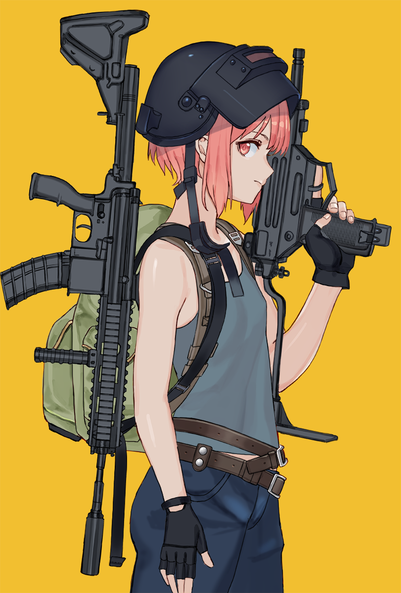 ar-15 assault_rifle backpack bag belt black_gloves closed_mouth cowboy_shot crossover denim fingerless_gloves flat_chest foregrip from_side gloves gun heckler_&amp;_koch helmet highres hk416 imi_uzi jeans kantai_collection looking_at_viewer luicent mask mask_on_head micro_uzi pants pink_eyes pink_hair playerunknown's_battlegrounds profile rifle short_hair simple_background sling solo stanag_magazine submachine_gun suppressor tank_top trigger_discipline vertical_foregrip weapon welding_mask yellow_background z3_max_schultz_(kantai_collection)