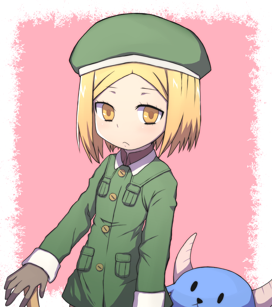 :&lt; babe_(fate) bangs beret blonde_hair bull closed_mouth fate/grand_order fate_(series) flat_chest gloves green_jacket hand_on_hilt hat helping-hand jacket long_sleeves looking_at_viewer parted_bangs paul_bunyan_(fate/grand_order) pink_background pocket short_hair upper_body yellow_eyes