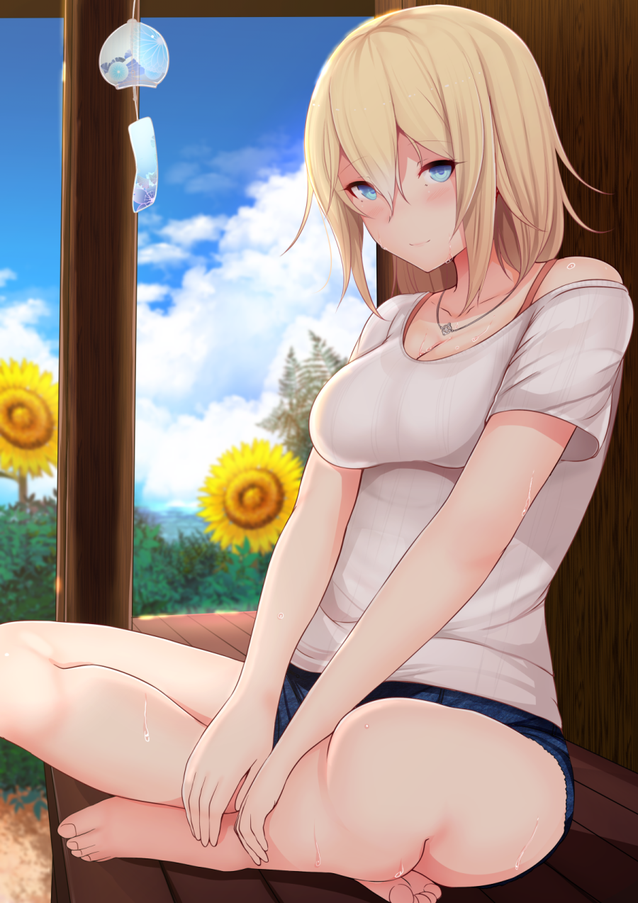 allison_(summer_lesson) barefoot blonde_hair blue_eyes crossed_legs daiaru day denim denim_shorts highres jewelry looking_at_viewer necklace outdoors short_hair short_shorts shorts sitting smile solo summer_lesson sweat
