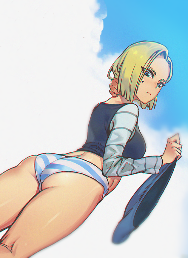 android_18 ass bad_id bad_pixiv_id blonde_hair blurry chromatic_aberration dragon_ball dragon_ball_z flat_ass from_behind harabacho_(gkfkqkch1) no_pants panties striped striped_panties thighs underwear