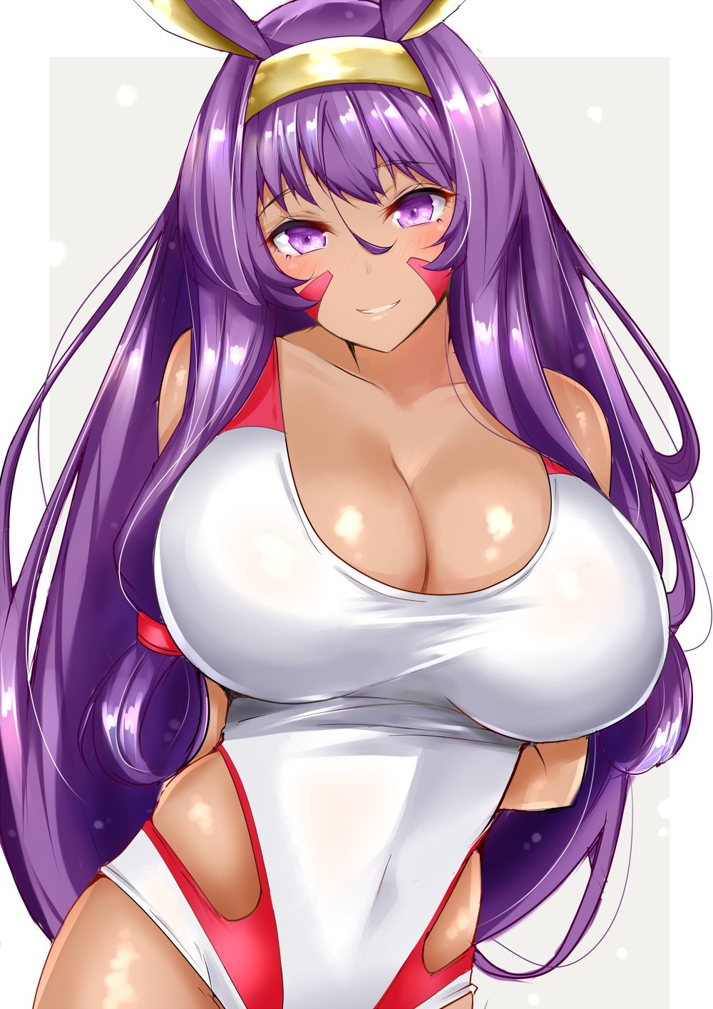 alternate_breast_size animal_ears arms_behind_back bangs bare_arms blush border breasts cleavage commentary_request covered_navel dark_skin facepaint fate/grand_order fate_(series) grey_background hair_between_eyes hairband highres hips huge_breasts jackal_ears long_hair looking_at_viewer nitocris_(fate/grand_order) nitocris_(swimsuit_assassin)_(fate) purple_eyes purple_hair sankakusui shiny shiny_skin sidelocks smile solo swept_bangs swimsuit very_long_hair white_border white_swimsuit