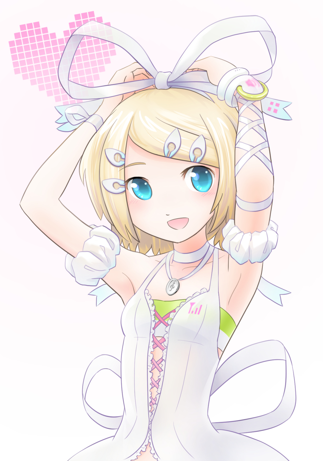 :d adjusting_hair aqua_eyes arm_ribbon arm_scrunchie armpits arms_up bangs bare_shoulders blonde_hair blush breasts choker collarbone cute_(module) dress epoxy_putty hair_ornament hair_ribbon hairclip highres jewelry kagamine_rin looking_at_viewer necklace open_mouth project_diva_(series) project_diva_2nd ribbon scrunchie shiny shiny_hair short_hair simple_background small_breasts smile solo swept_bangs treble_clef upper_body vocaloid white_background white_choker white_dress white_ribbon white_scrunchie wristband