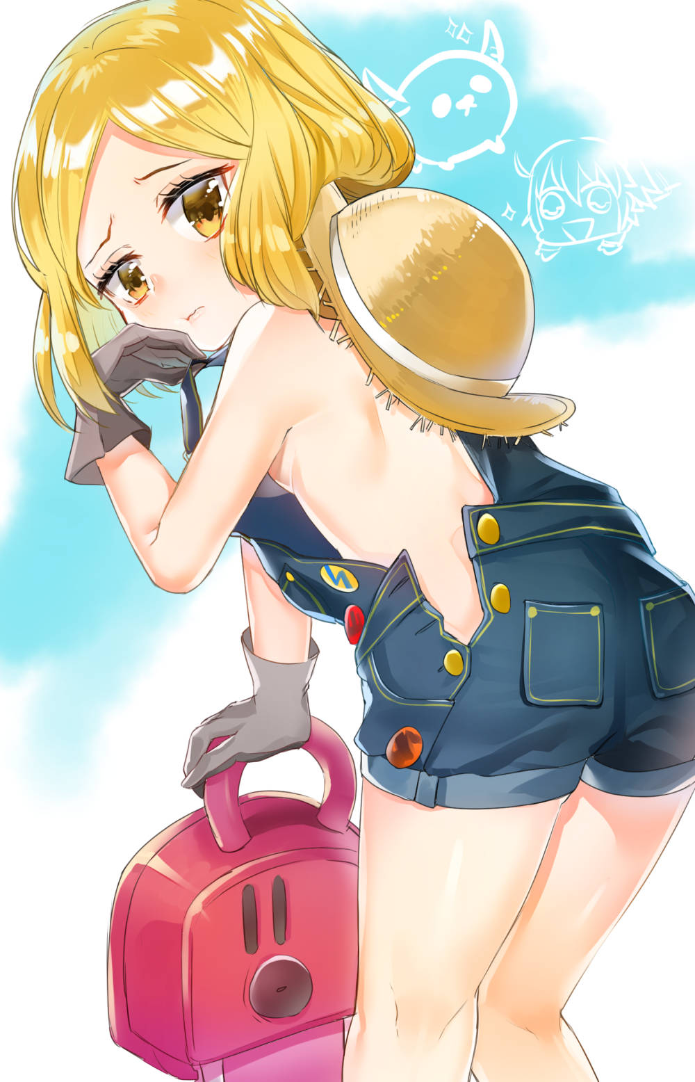 babe_(fate) blonde_hair breasts chainsaw chashiba fate/grand_order fate_(series) fujimaru_ritsuka_(female) gloves grey_gloves hand_on_own_cheek hat highres kneepits looking_at_viewer looking_back naked_overalls overalls paul_bunyan_(fate/grand_order) short_hair sideboob sky small_breasts solo straw_hat weapon yellow_eyes