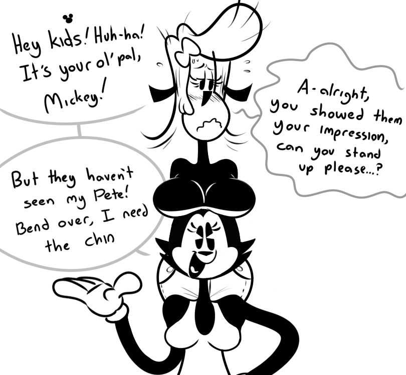 anthro big_breasts black_and_white boob_hat bow breasts canine cat cleavage clothed clothing dialogue disney dog duo embarrassed english_text feline female frown hair mammal monochrome open_mouth smile speech_bubble text tooneyd topsy_(disney)