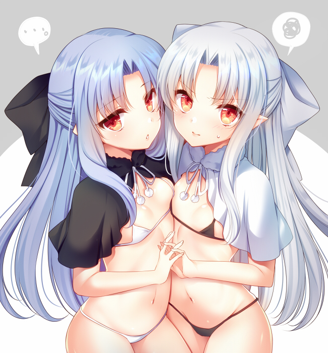 2girls agekichi_(heart_shape) bangs bare_arms bikini black_bikini black_bow blue_hair bow breasts capelet cowboy_shot fur_collar hair_bow holding_hands interlocked_fingers len long_hair looking_at_viewer multiple_girls navel parted_bangs petite pointy_ears red_eyes small_breasts spoken_ellipsis spoken_squiggle squiggle swimsuit tsukihime white_bikini white_bow white_hair white_len