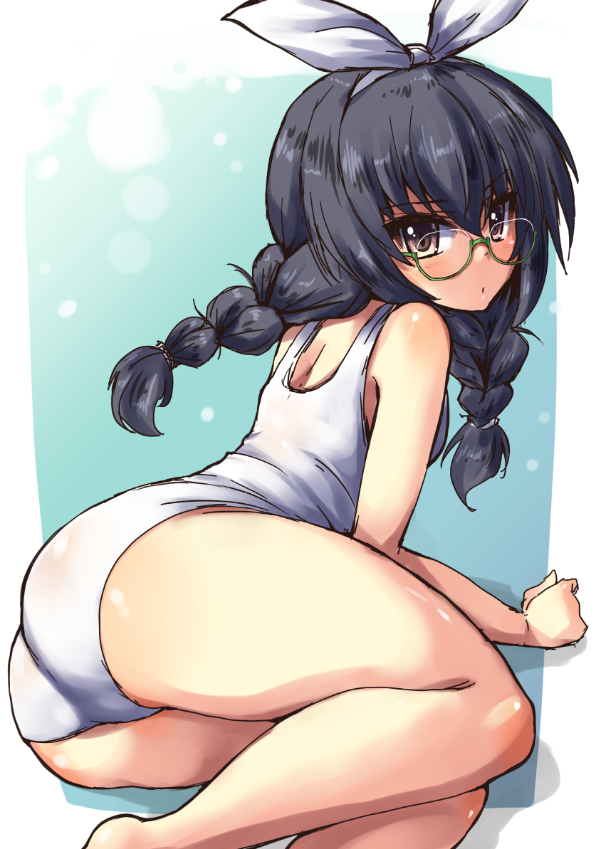 alternate_hairstyle arm_support ass bangs bespectacled black_hair braid brown_eyes from_behind girls_und_panzer glasses green-framed_eyewear hair_ribbon long_hair looking_at_viewer looking_back lying on_side one-piece_swimsuit outside_border parted_lips reizei_mako ribbon school_swimsuit semi-rimless_eyewear shadow shinshin sketch solo swimsuit twin_braids under-rim_eyewear white_ribbon white_school_swimsuit white_swimsuit