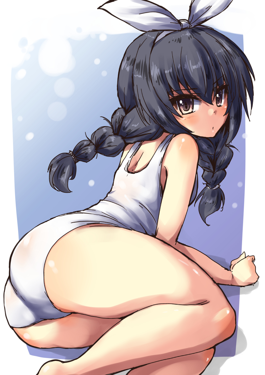 alternate_hairstyle arm_support ass bangs black_hair braid brown_eyes from_behind girls_und_panzer hair_ribbon long_hair looking_at_viewer looking_back lying on_side one-piece_swimsuit outside_border parted_lips reizei_mako ribbon school_swimsuit shadow shinshin sketch solo swimsuit twin_braids white_ribbon white_school_swimsuit white_swimsuit