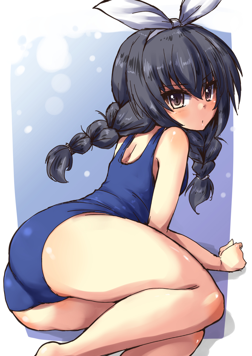 alternate_hairstyle arm_support ass bangs black_hair blue_swimsuit braid brown_eyes from_behind girls_und_panzer hair_ribbon long_hair looking_at_viewer looking_back lying on_side one-piece_swimsuit outside_border parted_lips reizei_mako ribbon school_swimsuit shadow shinshin sketch solo swimsuit twin_braids white_ribbon