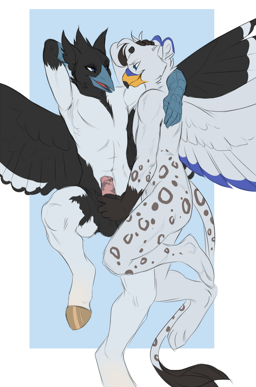 anthro avian balls beak couple_(disambiguation) demicoeur duo feathered_wings feathers grope gryphon hippogryph hooves kumagoro male male/male nude penis sephirothiel simple_background wings