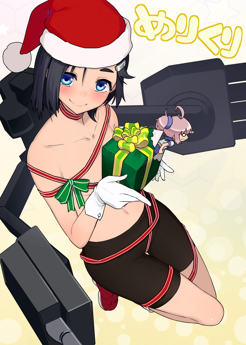 aoba_(kantai_collection) bike_shorts black_hair blue_eyes blush box closed_mouth collarbone commentary_request flat_chest from_above full_body gift gift_box gloves hair_ornament hairclip hat highres kantai_collection kuroshio_(kantai_collection) looking_at_viewer looking_up minigirl multiple_girls nearly_naked_ribbon santa_hat short_hair smile taketora_suzume turret white_gloves