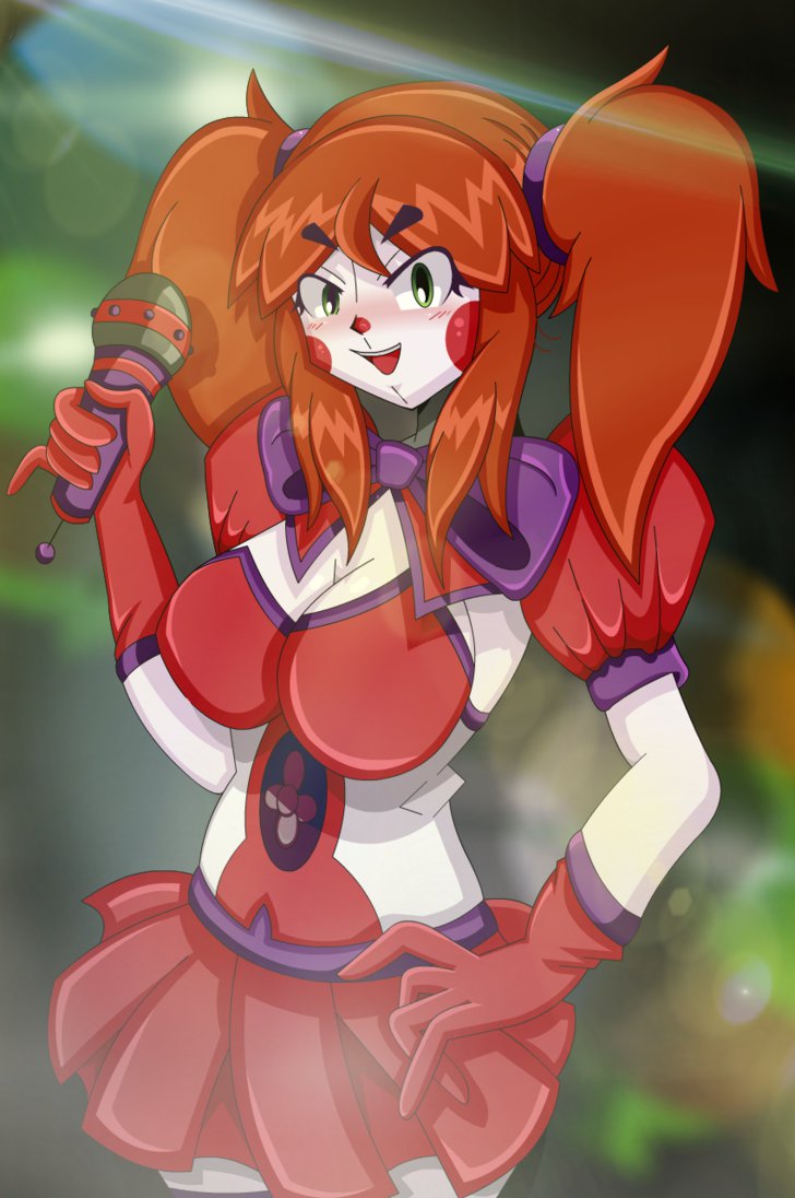 1girl big_breasts blush bow breasts circus_baby clown five_nights_at_freddy's five_nights_at_freddy's:_sister_location gloves green_eyes hand_on_hip holding_microphone long_hair looking_at_viewer microphone open_mouth orange_hair propeller robot skirt smile twintails waist white_skin