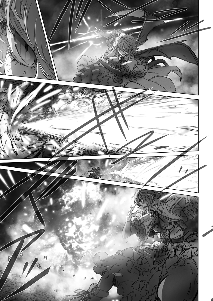 clenched_teeth close-up comic dress eyes fire graphite_(medium) greyscale gungnir_(weapon) imizu_(nitro_unknown) mechanical_pencil monochrome pencil remilia_scarlet silent_comic solo_focus sound_effects sweat teeth touhou traditional_media wings