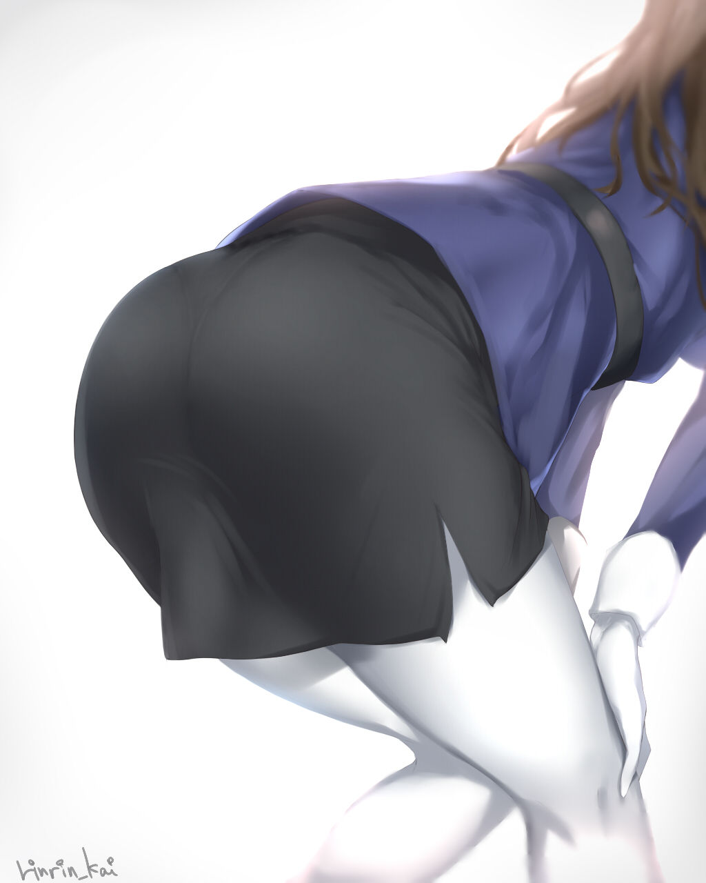 artist_name ashigara_(kantai_collection) ass ass_focus bent_over brown_hair close-up gloves highres kantai_collection long_hair miniskirt pantyhose pantylines pencil_skirt simple_background skirt solo thighs tokorotn white_background white_gloves white_legwear