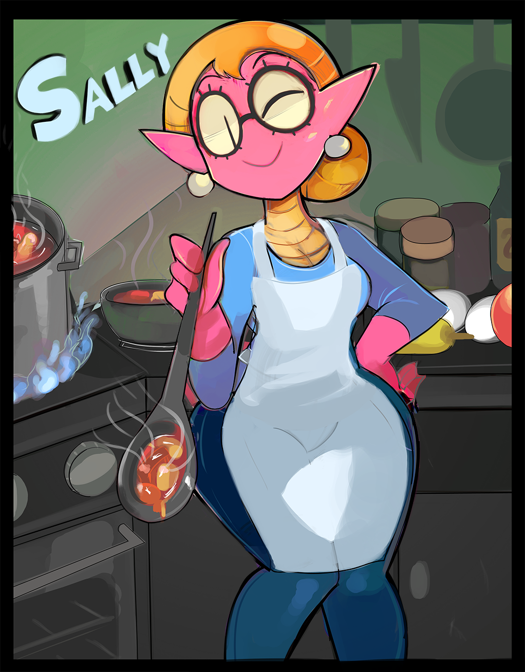 anthro apron blonde_hair breasts cleavage clothed clothing cooking ear_piercing eyewear female glasses hair n0nrealist one_eye_closed piercing sally_(scalie_schoolie) scalie scalie_schoolie smile solo soup wide_hips