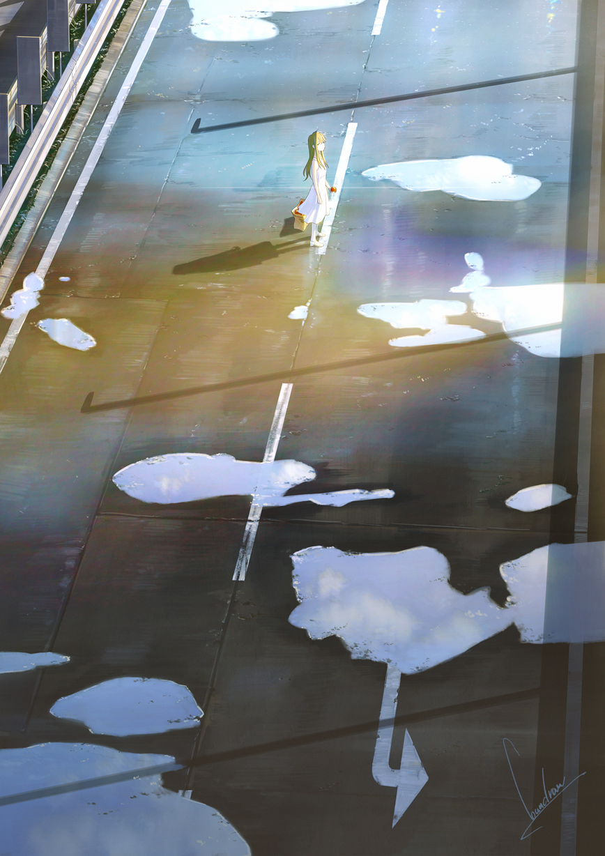 artist_name blonde_hair commentary_request day dress highres long_hair long_shadow looking_at_viewer loundraw original puddle road scenery shadow signature solo standing street white_dress