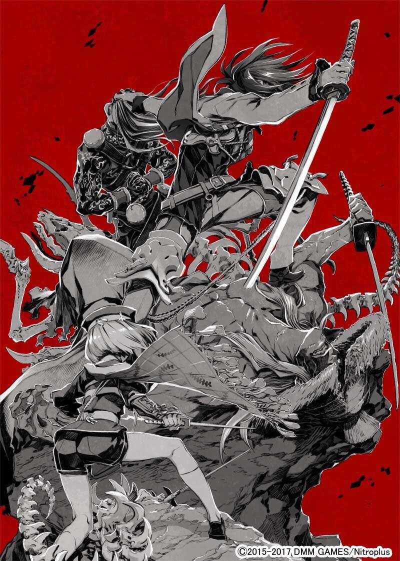 battle cliff enemy_uchigatana enemy_wakizashi jikan_sokougun long_hair maeda_toushirou military military_uniform miwa_shirou multiple_boys nitroplus official_art oodenta_mitsuyo red_background shorts simple_background skeleton sword touken_ranbu uniform watermark weapon