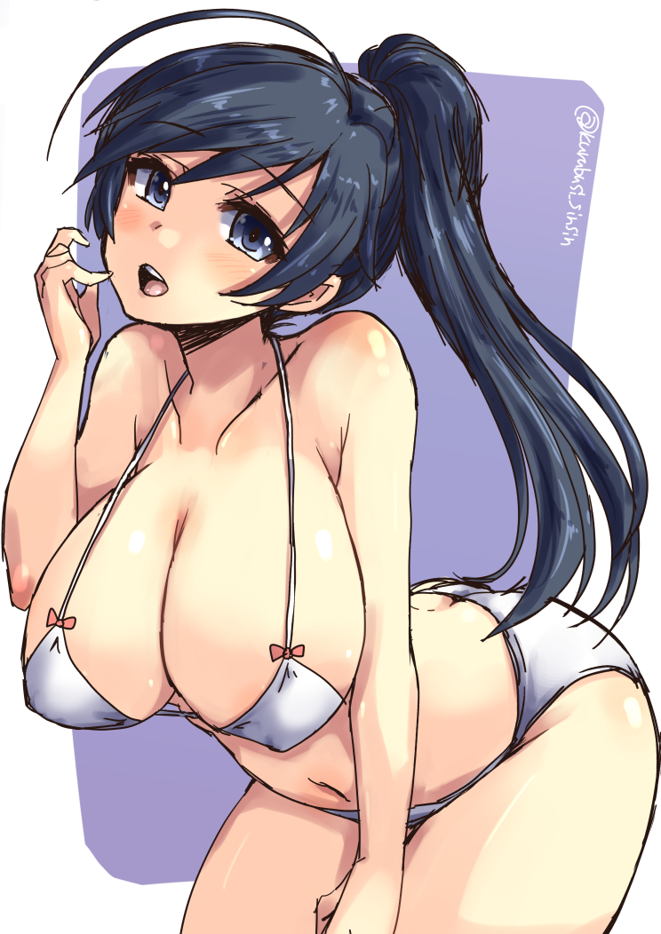 ahoge bangs bikini black_eyes black_hair bow_bikini breasts cleavage cowboy_shot eyebrows_visible_through_hair girls_und_panzer hand_on_own_thigh huge_breasts isuzu_hana leaning_forward long_hair looking_at_viewer open_mouth outside_border shinshin sketch smile solo standing swimsuit twitter_username white_bikini