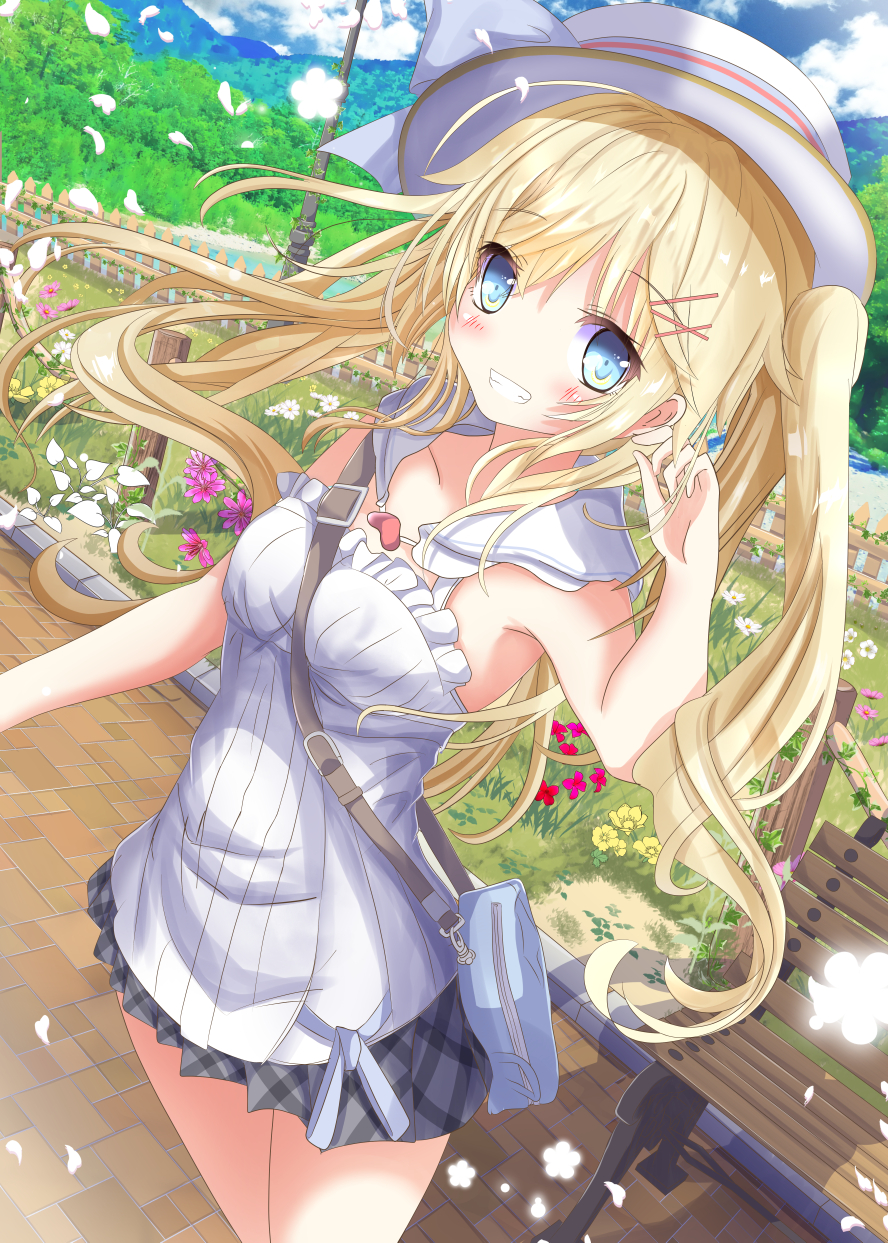 1girl aruka_(alka_p1) bag bangs between_breasts blonde_hair blue_eyes blue_sky blush breasts cloud cloudy_sky collarbone commentary_request day detached_collar eyebrows_visible_through_hair flower frilled_shirt frills grey_skirt grin hair_ornament hairclip hand_up hat highres looking_at_viewer original outdoors petals pink_flower plaid plaid_skirt pleated_skirt purple_flower red_flower sailor_collar shirt shoulder_bag sidelocks skirt sky small_breasts smile solo standing strap_cleavage strapless twintails water white_flower white_hat white_sailor_collar white_shirt x_hair_ornament yellow_flower
