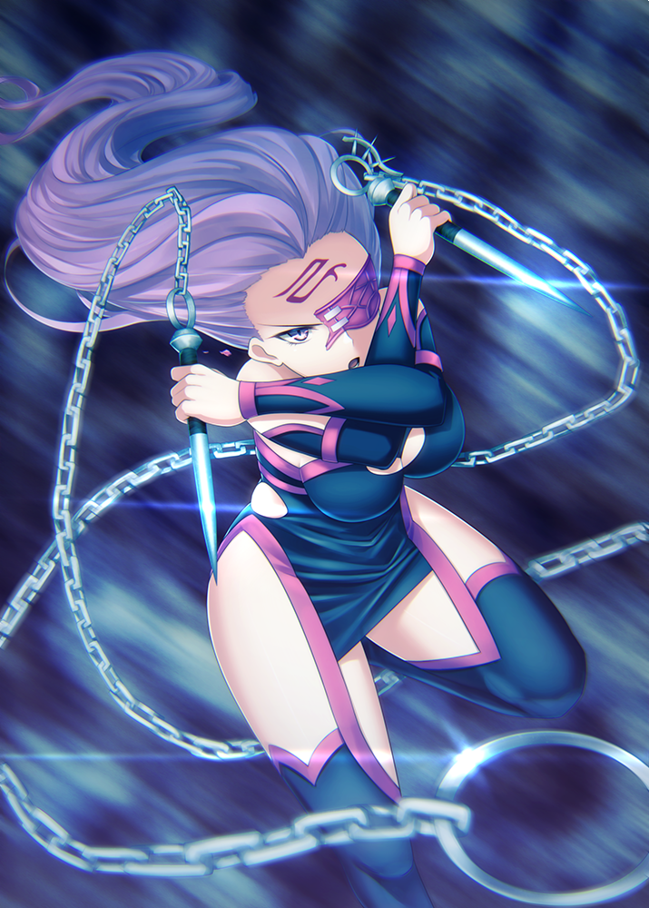 :o black_dress black_legwear blindfold blindfold_slip breasts chain cleavage commentary_request dagger detached_sleeves dress dual_wielding fal fate/stay_night fate_(series) floating_hair green_eyes holding holding_weapon large_breasts long_hair long_sleeves looking_at_viewer one_eye_covered purple_hair rider short_dress solo thighhighs v-shaped_eyebrows very_long_hair weapon