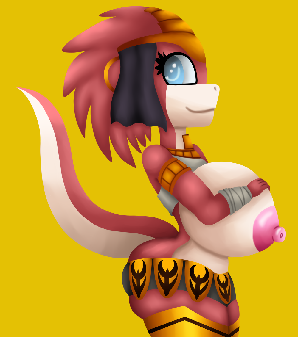 anthro areola armor big_breasts big_butt breasts butt clothing drauk duzell ever_oasis female huge_breasts lizard miura nintendo reptile scalie simple_background smile solo video_games