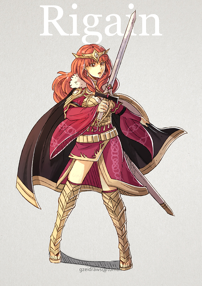 cape celica_(fire_emblem) crown english fire_emblem fire_emblem_echoes:_mou_hitori_no_eiyuuou full_body grey_background gzei holding long_hair red_eyes red_hair simple_background solo sword weapon