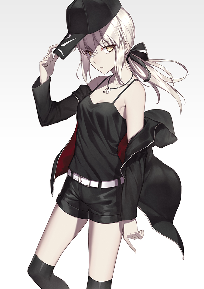 artoria_pendragon_(all) bare_shoulders belt black_camisole black_legwear black_shorts bow camisole famepeera fate/grand_order fate/stay_night fate_(series) hat hood hooded_jacket jacket jewelry long_hair looking_at_viewer necklace pale_skin ponytail saber_alter shorts simple_background sleeveless solo thighhighs white_background white_hair yellow_eyes