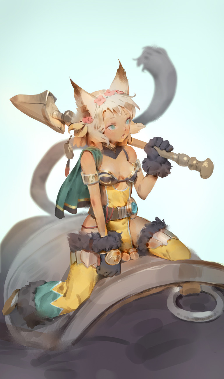 animal_ears armlet armor bikini_armor blonde_hair blue_eyes blue_sky breasts cape capelet commentary commentary_request day flower gloves granblue_fantasy green_cape hair_flower hair_ornament highres holding holding_spear holding_weapon melleau over_shoulder parted_lips polearm riding short_hair sky small_breasts solo_focus spear tabard tim_loechner weapon weapon_over_shoulder
