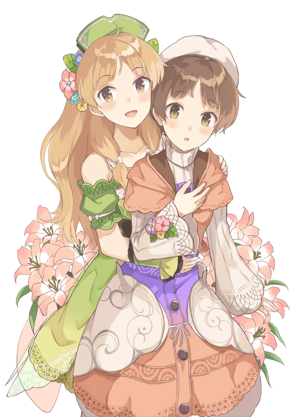 atelier_(series) atelier_ayesha ayesha_altugle brown_eyes brown_hair cowboy_shot dress flower green_hat hair_flower hair_ornament hat highres hug hug_from_behind lily_(flower) long_hair looking_at_viewer machikado multiple_girls nio_altugle short_hair siblings sisters smile white_background white_hat