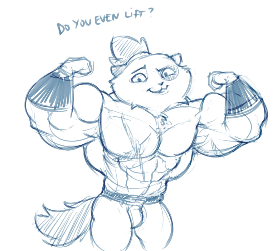 abs biceps cat clothed clothing dofus ecaflip feline furry_(artist) huge_muscles kerub_crepin male mammal muscular pecs serratus sketch solo text topless